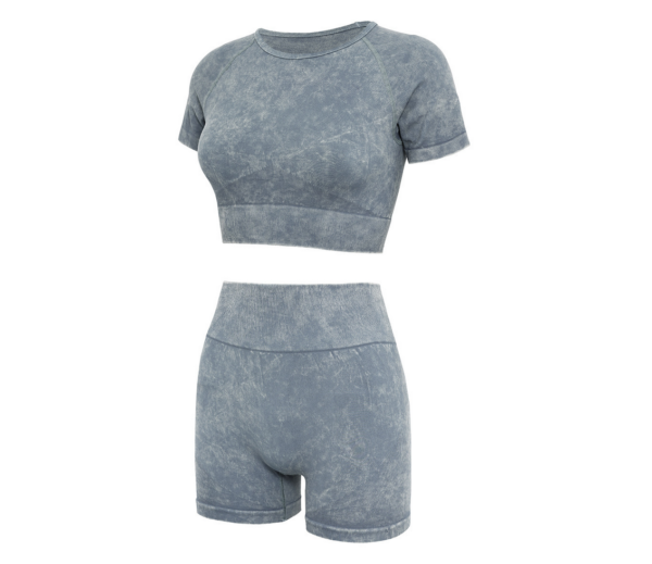 YWND-0005,sand washed imitation jeans short sleeve shorts comfortable breathable moisture absorption sweat yoga fitness suit