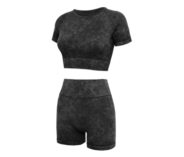 YWND-0005,sand washed imitation jeans short sleeve shorts comfortable breathable moisture absorption sweat yoga fitness suit - Image 2