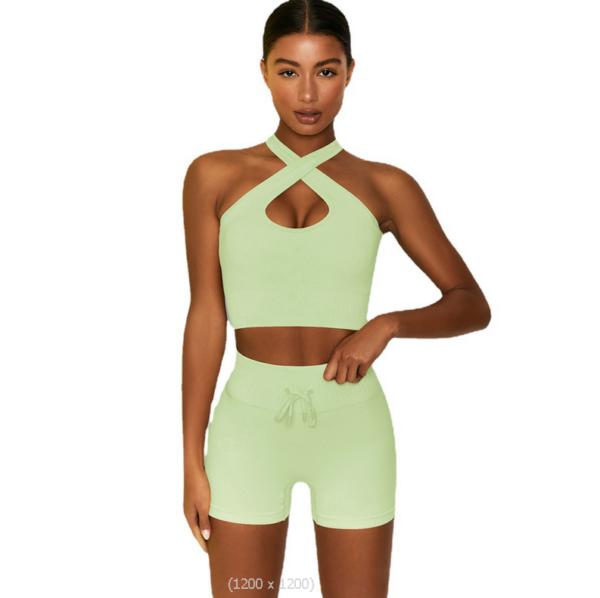 YYBD-0008,factory European American cross shoulder strap bra belt sports shorts women  yoga sports tight suit - Image 9