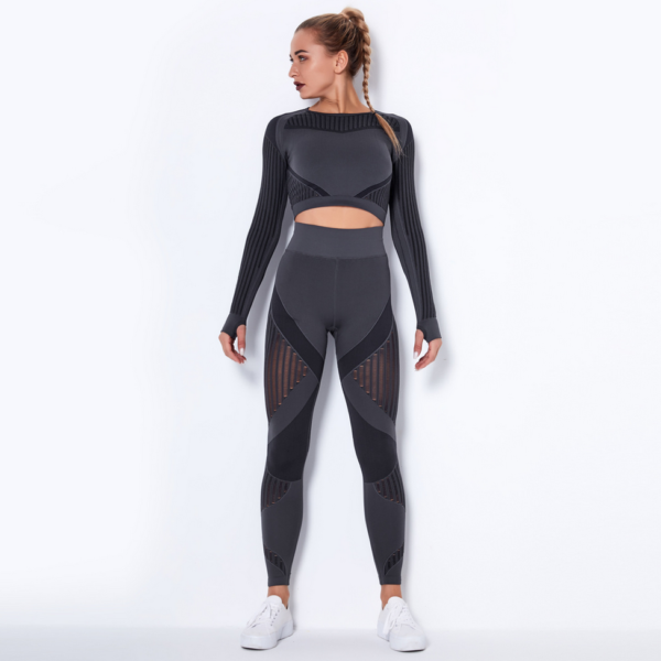 YYBD-0030,Europe seamless hollow moisture women long sleeve set clothing sports running yoga pants - Image 7
