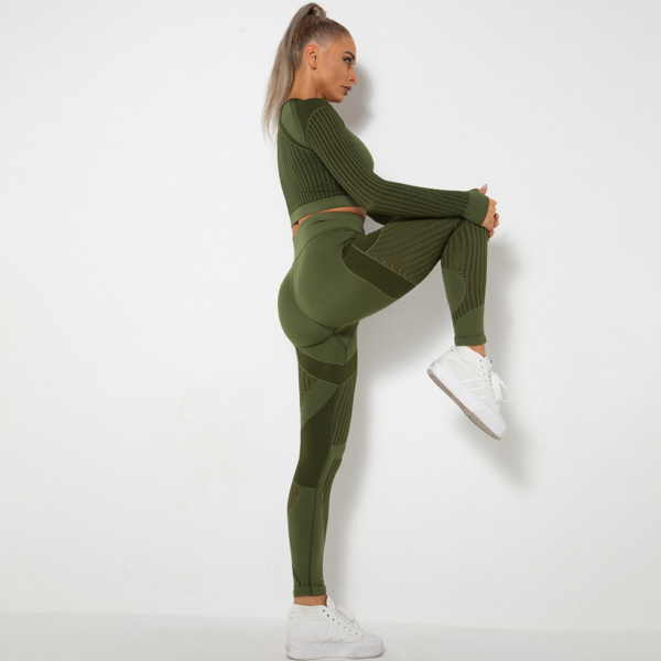 YYBD-0030,Europe seamless hollow moisture women long sleeve set clothing sports running yoga pants - Image 5