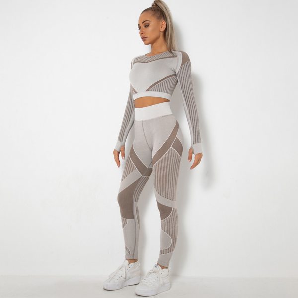 YYBD-0030,Europe seamless hollow moisture women long sleeve set clothing sports running yoga pants - Image 2