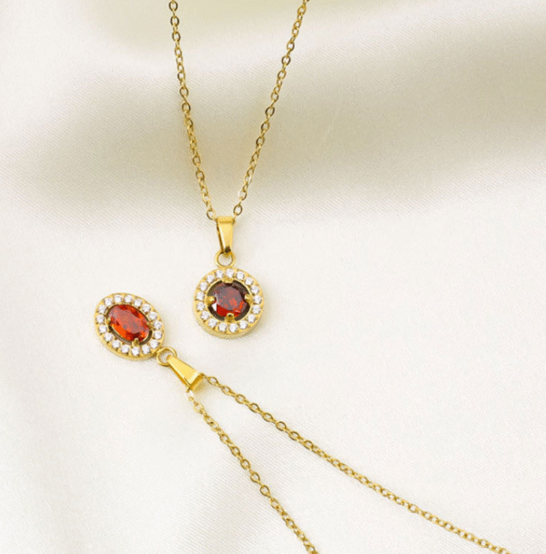 GSJS-0004,wholesale women titanium  stainless steel  ruby embeded non fading  collarbone chain 18K gold plated pendant necklace - Image 9