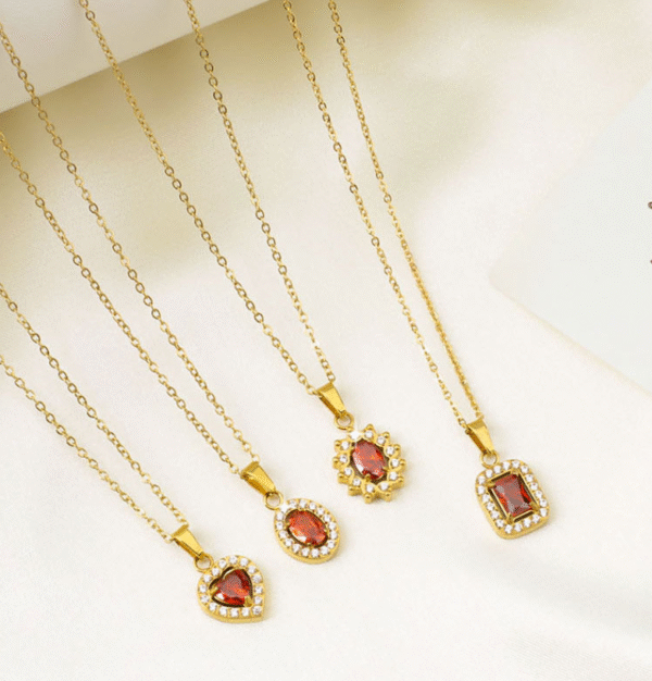 GSJS-0004,wholesale women titanium  stainless steel  ruby embeded non fading  collarbone chain 18K gold plated pendant necklace - Image 7
