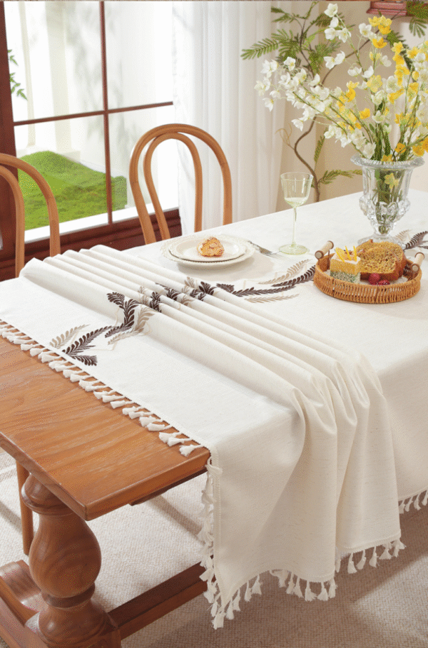 YJCZ-0004,yiwu factory wholesale  polyester  embroidered coffee leaf flower tassel rectangular  dining tablecloth - Image 6