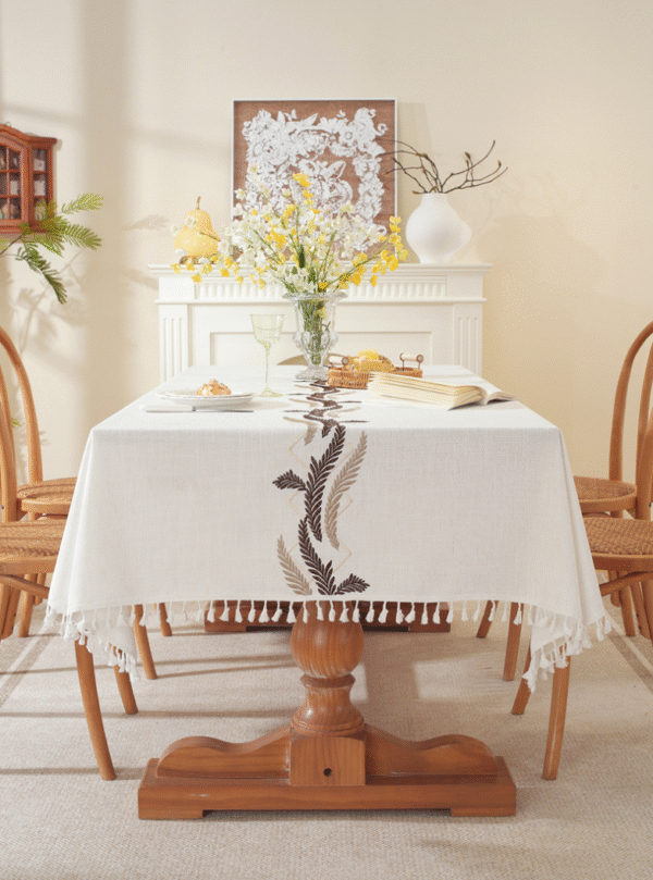 YJCZ-0004,yiwu factory wholesale  polyester  embroidered coffee leaf flower tassel rectangular  dining tablecloth - Image 5