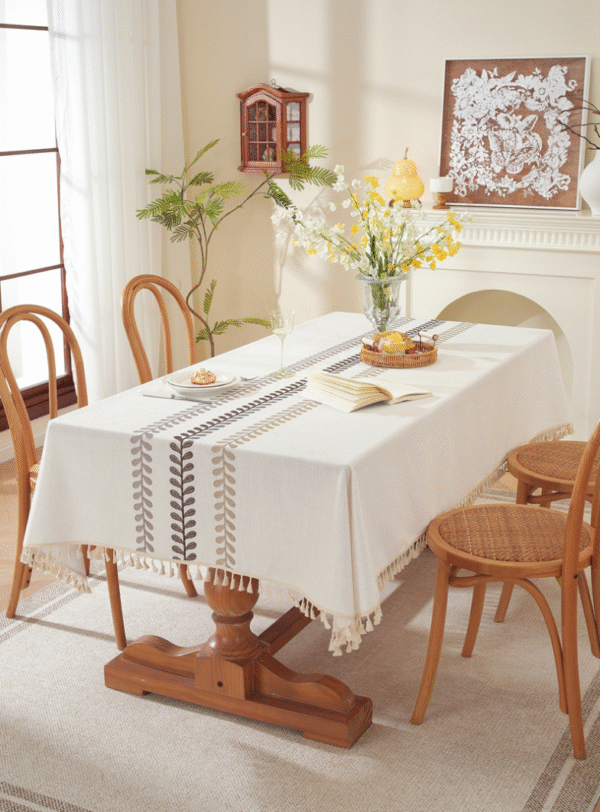 YJCZ-0004,yiwu factory wholesale  polyester  embroidered coffee leaf flower tassel rectangular  dining tablecloth - Image 2