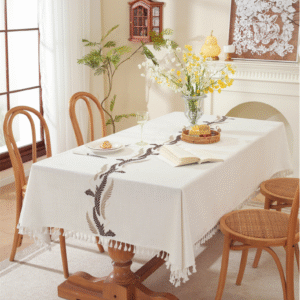 YJCZ-0004,yiwu factory wholesale  polyester  embroidered coffee leaf flower tassel rectangular  dining tablecloth