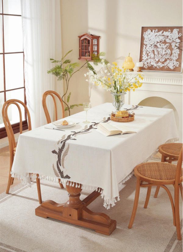 YJCZ-0004,yiwu factory wholesale  polyester  embroidered coffee leaf flower tassel rectangular  dining tablecloth