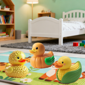 JJDW-0041, manufacturers wholesale vinyl fun fruit vegetable shape squeezable duck children water swimming bath toys