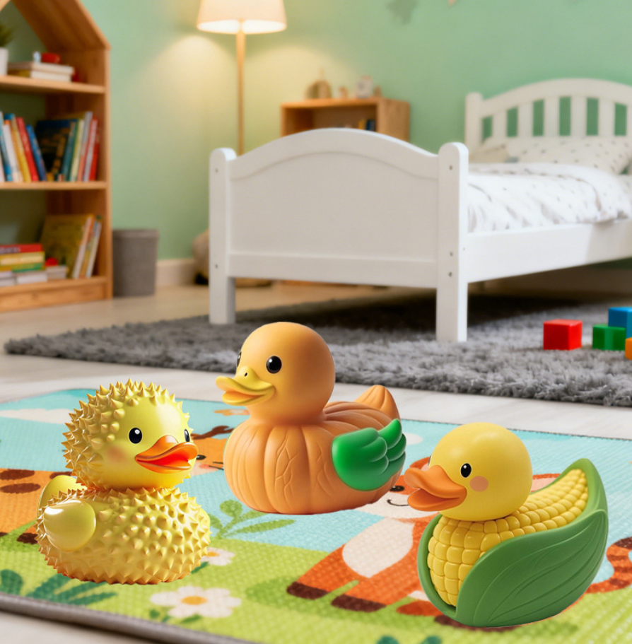JJDW-0041, manufacturers wholesale vinyl fun fruit vegetable shape squeezable duck children water swimming bath toys