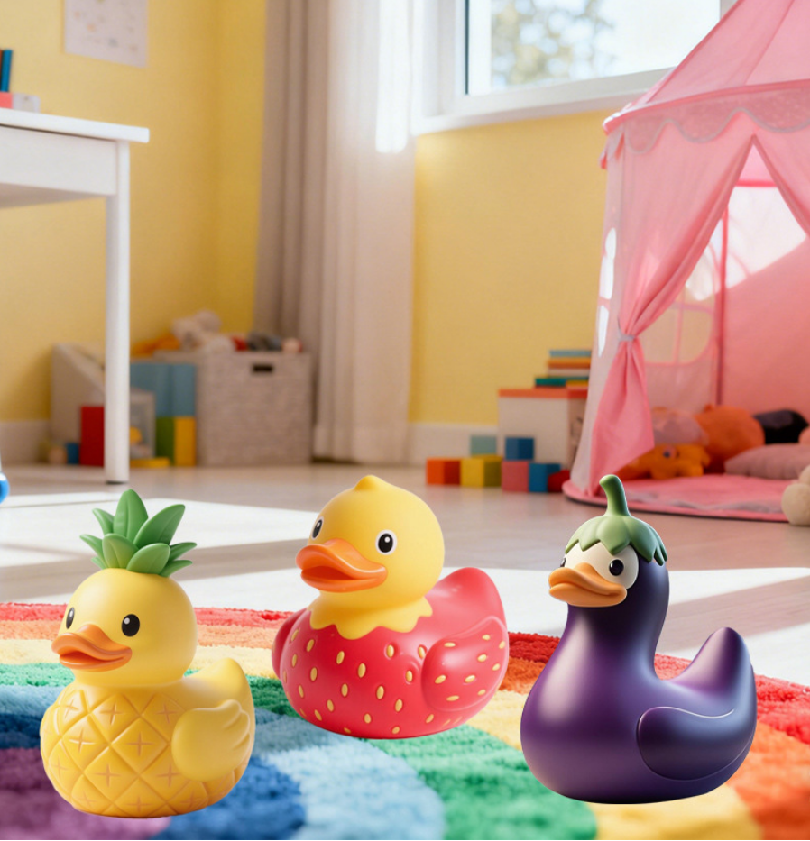 JJDW-0041, manufacturers wholesale vinyl fun fruit vegetable shape squeezable duck children water swimming bath toys - Image 4